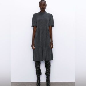 NWT ZARA‎ Women’s Charcoal Gray Mock Neck Sweater Relaxed Midi Dress Small S